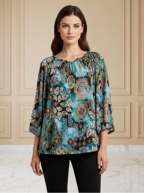 Dear Scarlett Vibrant Boho Top With Rich Turquoise & Gold Warm Earth Tone Print